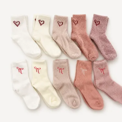 Heart and bow embroidered fuzzy socks in assorted colors